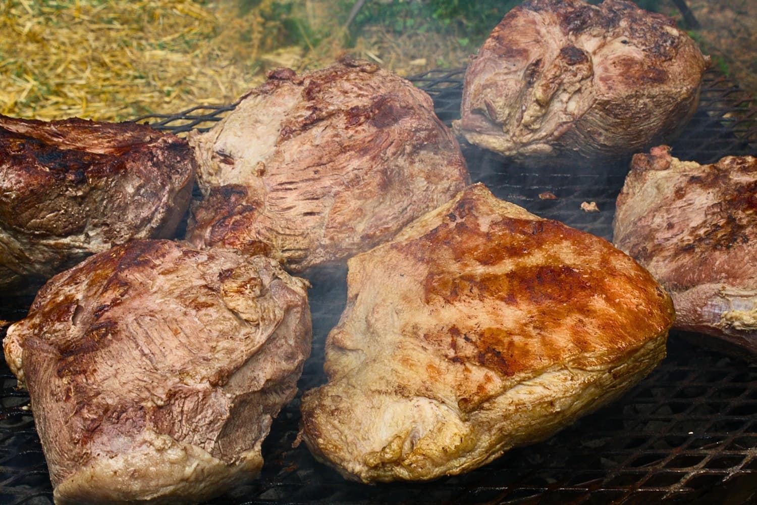 Whole spit-roast meats over open flame at an event