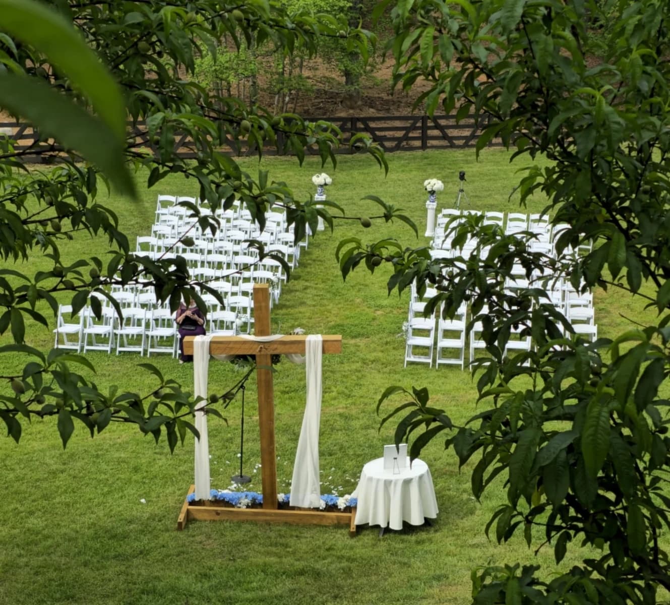 Outdoor wedding reception under string lights